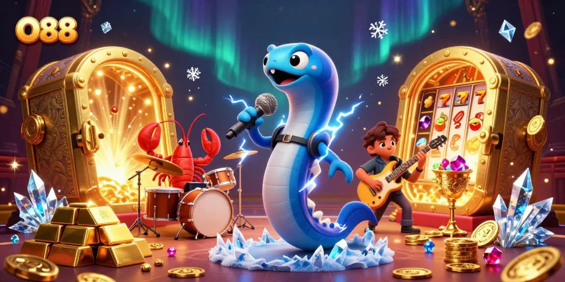 O88 casino scene featuring a lively electric eel DJ with backup band, slot machines, and treasure