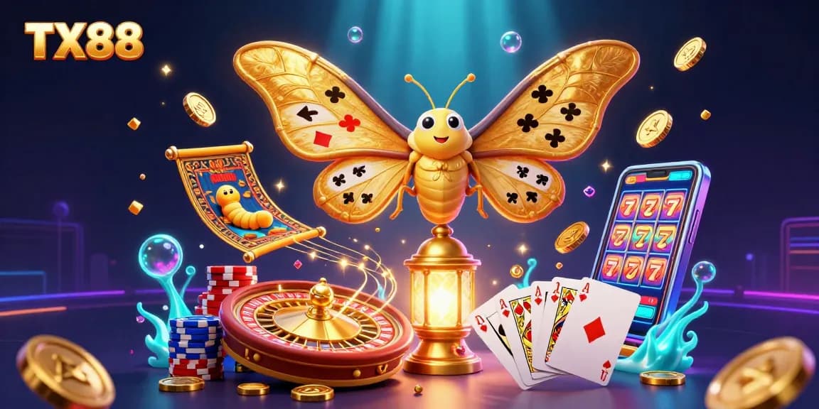 Spin to win with TX88: a vibrant 3D casino scene featuring colorful poker chips and a golden roulette wheel.