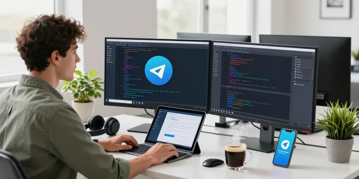 Download Telegram on a modern desk setup with dual monitors, vibrant workspace.
