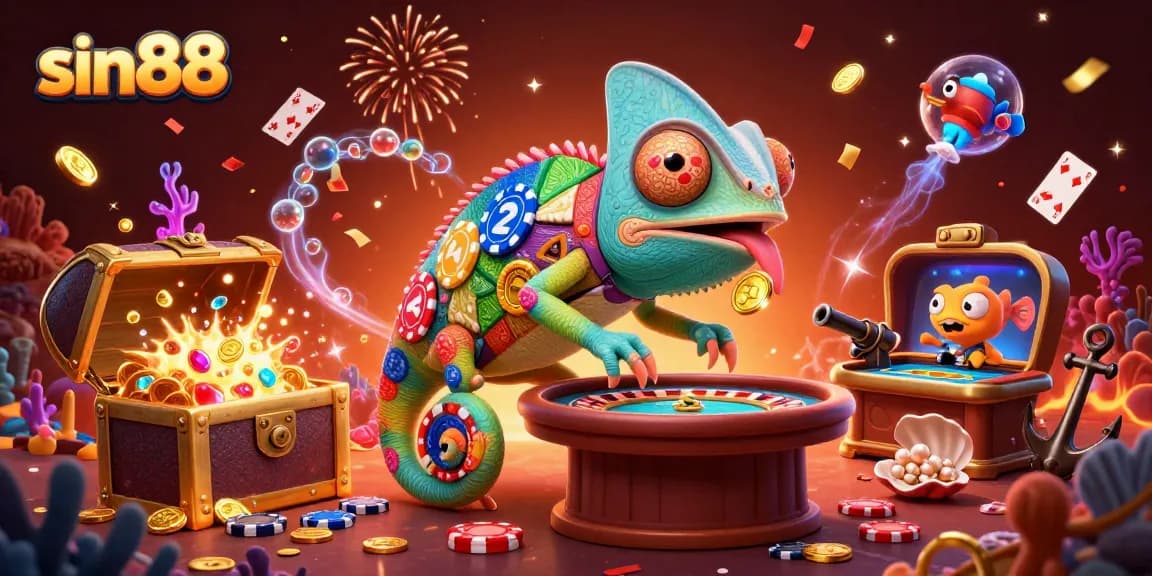 Experience thrilling gameplay at sin88 with a vibrant chameleon casino owner amidst exploding treasure chests and confetti.