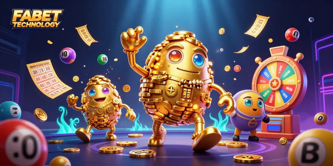 Experience excitement with FABET TECHNOLOGY's vibrant lottery-themed 3D illustration of games and prizes.