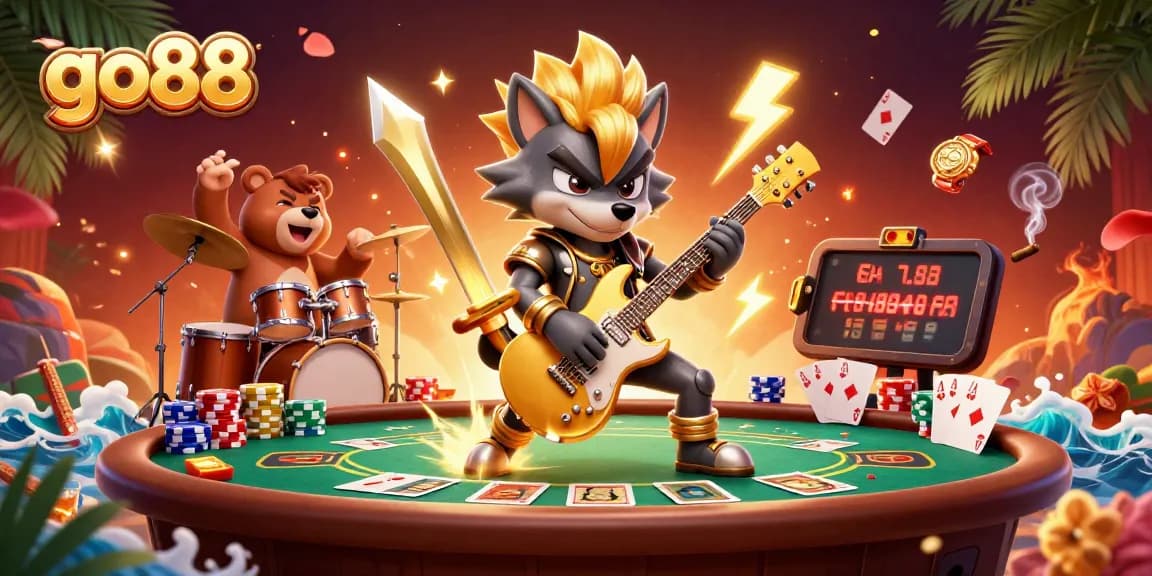 Go88 rock star wolf performing on a vibrant casino stage, surrounded by poker elements.