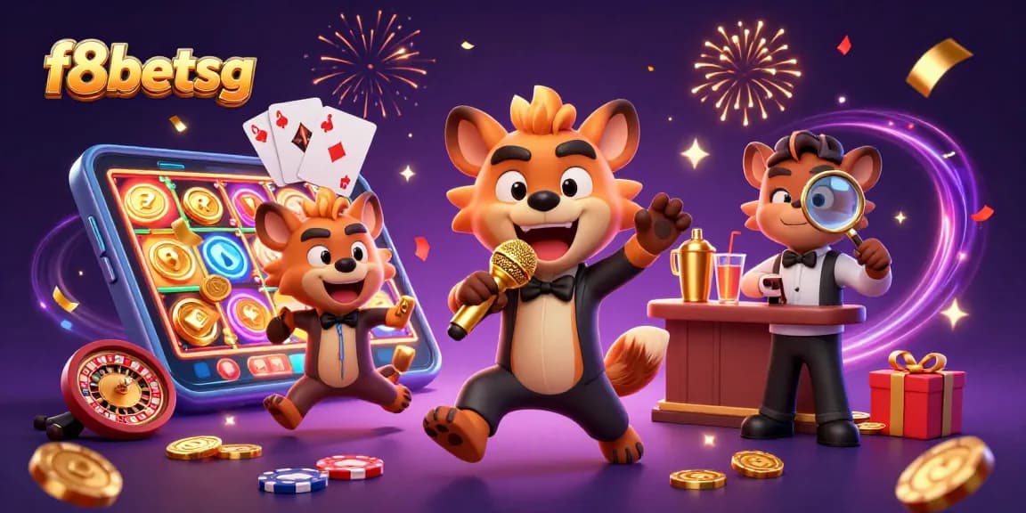 Experience the vibrant world of f8betsg with playful hyenas in a casino setting, showcasing energetic gaming elements and celebration.
