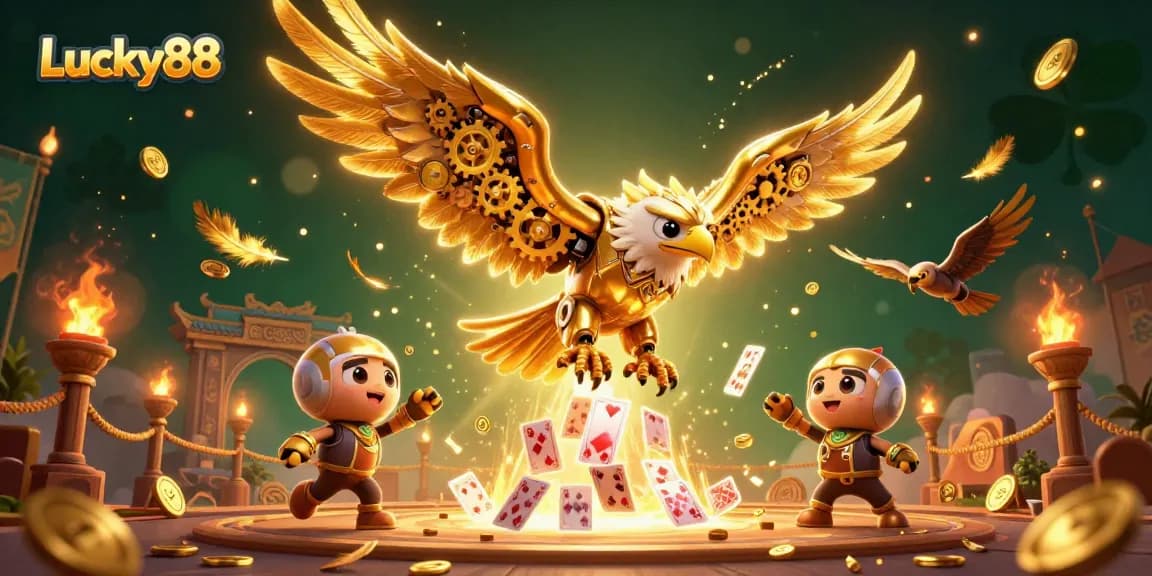 Engage in thrilling gameplay with Lucky88's captivating casino scene featuring golden eagle and holographic cards.