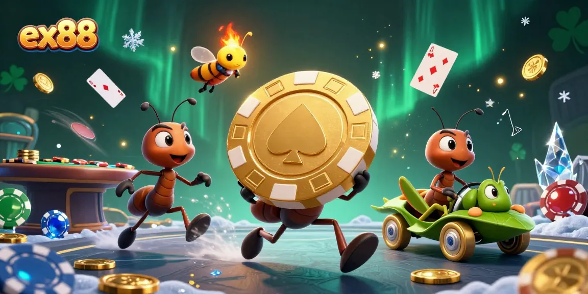 Experience the thrilling heist of ex88 as ants carry a giant poker chip in a dynamic casino scene.