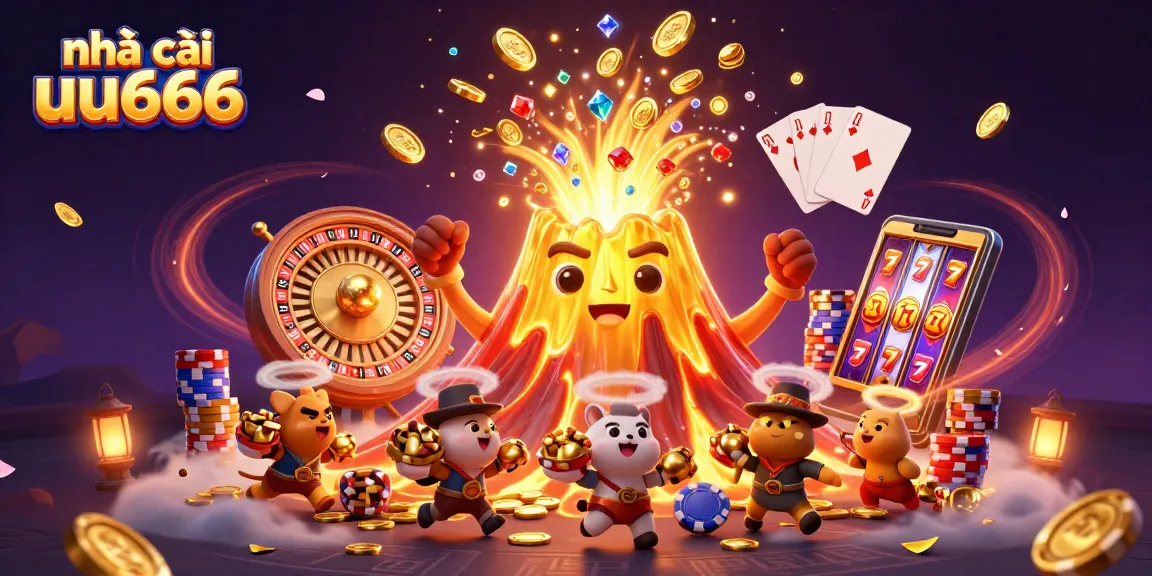 Experience the excitement of nhà cái uu666 with vibrant gaming elements, golden volcanoes, and treasure-filled adventures.