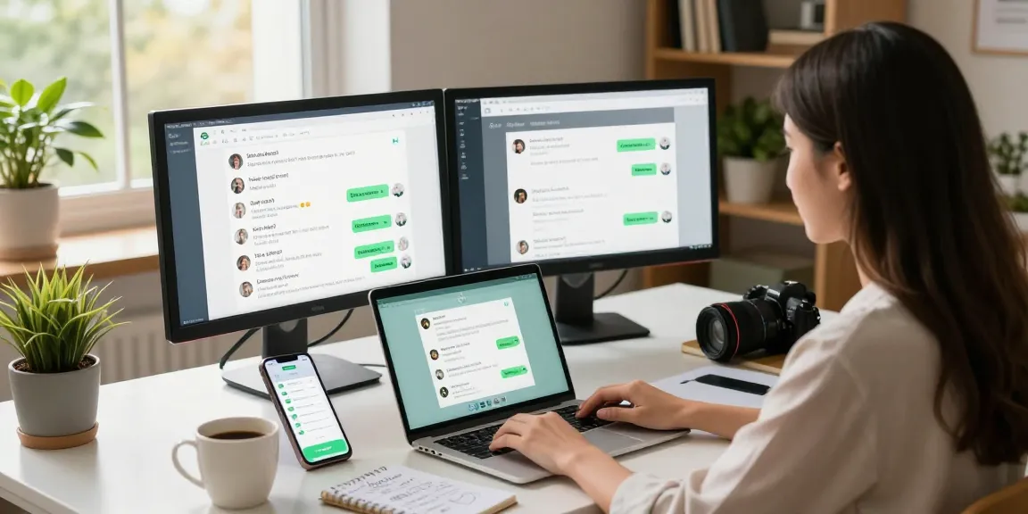Engaged user utilizing WhatsApp電腦版 on a laptop in a modern office.