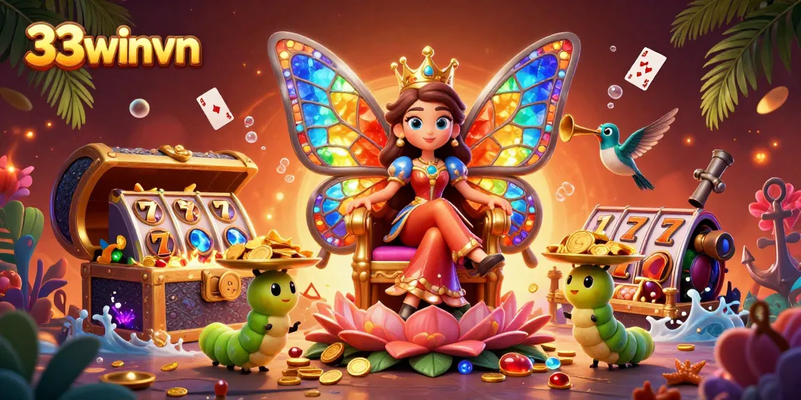 Experience gambling excitement with 33winvn, featuring the butterfly queen amidst vibrant casino elements