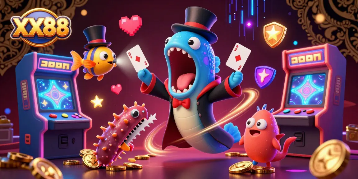 Experience the thrill at XX88 with a vibrant 3D illustration of magical casino games and characters.