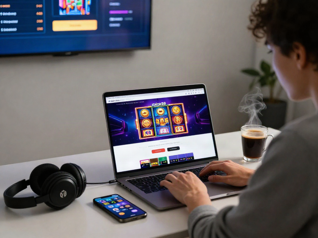 Engaging user at a rokok88 slot login page on a laptop in a cozy workspace.