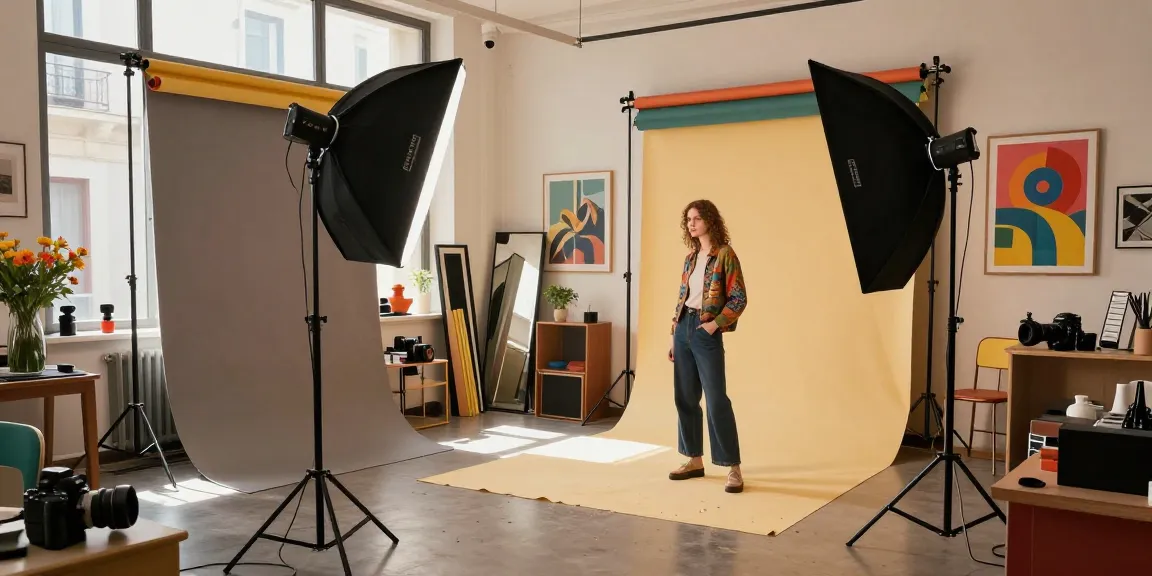 Ritratto affascinante di un fotografo professionista Milano in un ambiente studio vivace.