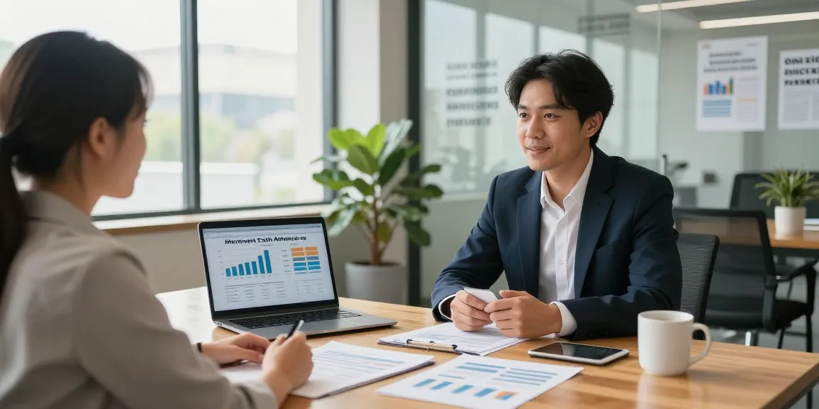 Discussing merchant cash advance vs business loan options in a professional finance office.
