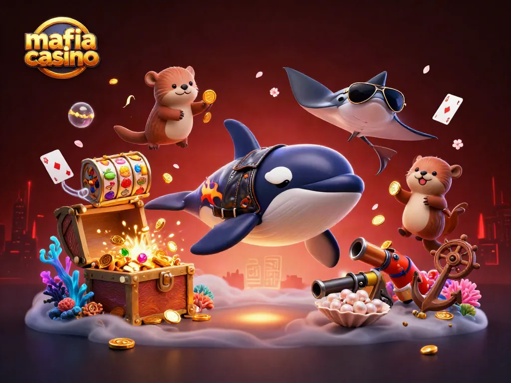 Mafia casino scene with vibrant characters and dynamic gaming elements like slot reels and playing cards.