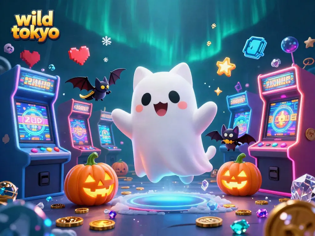 Explore wild tokyo's vibrant 3D casino scene featuring a ghost cat and vampire bat.