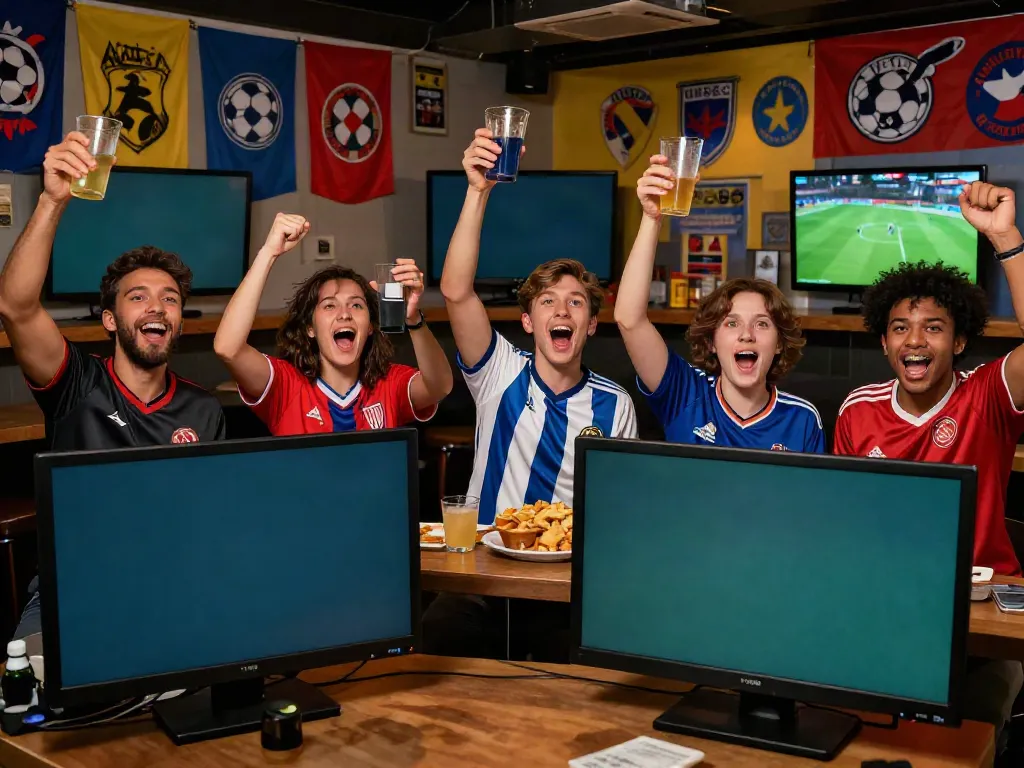Fans cheering at a vibrant sports bar while watching a live match on gavangtv.life.