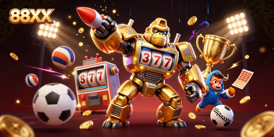 Engage in thrilling gameplay with 88XX's dynamic golden gorilla mech and sports elements