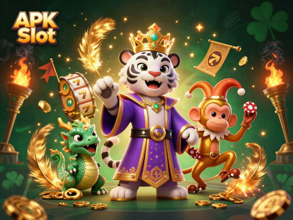 Win big with APK Slot in this vibrant casino scene featuring a tiger, monkey, and dragon!