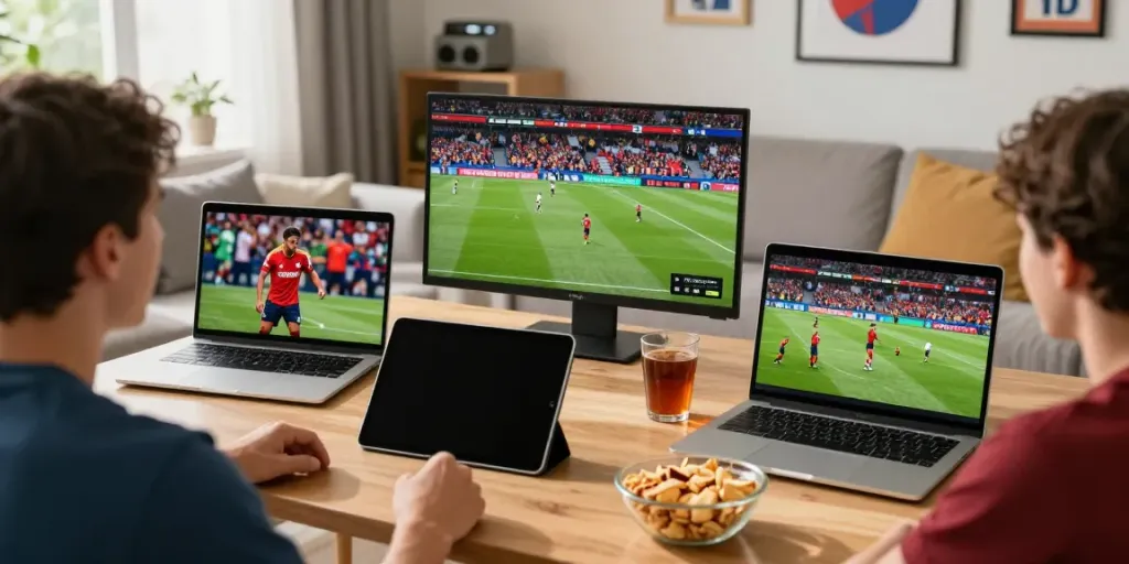 Fans enjoying live football on thapcamtv.ac with multiple devices in a cozy atmosphere.