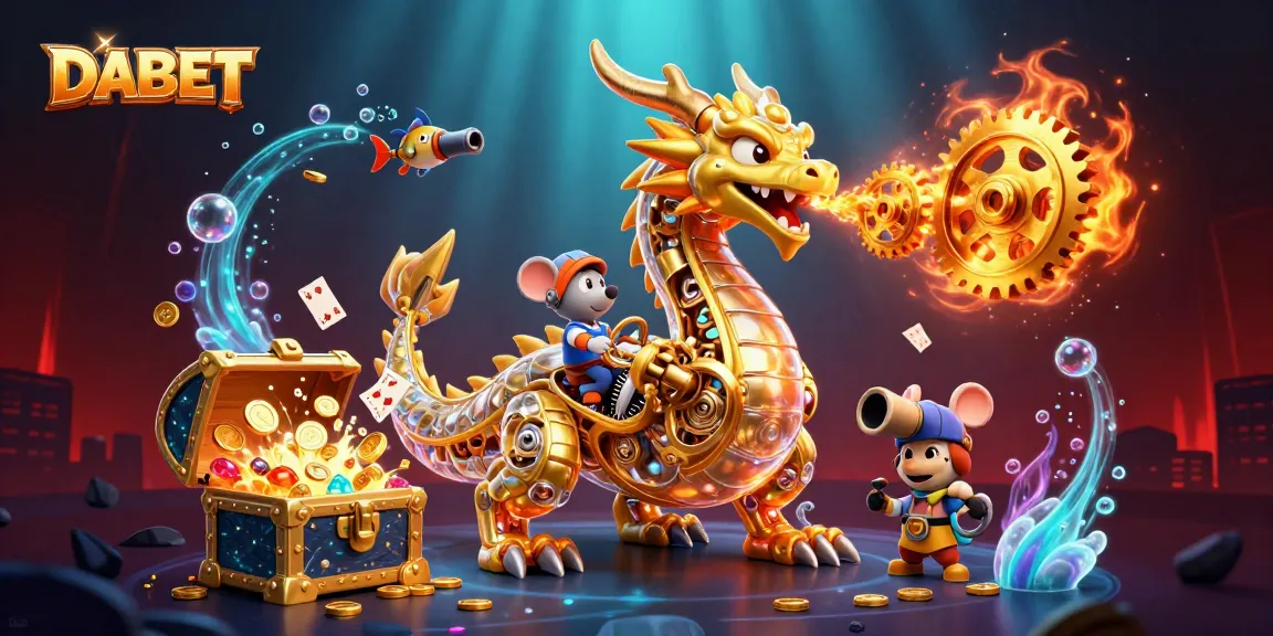 DABET casino illustration featuring a mechanical dragon breathing golden gears with vibrant underwater treasures.