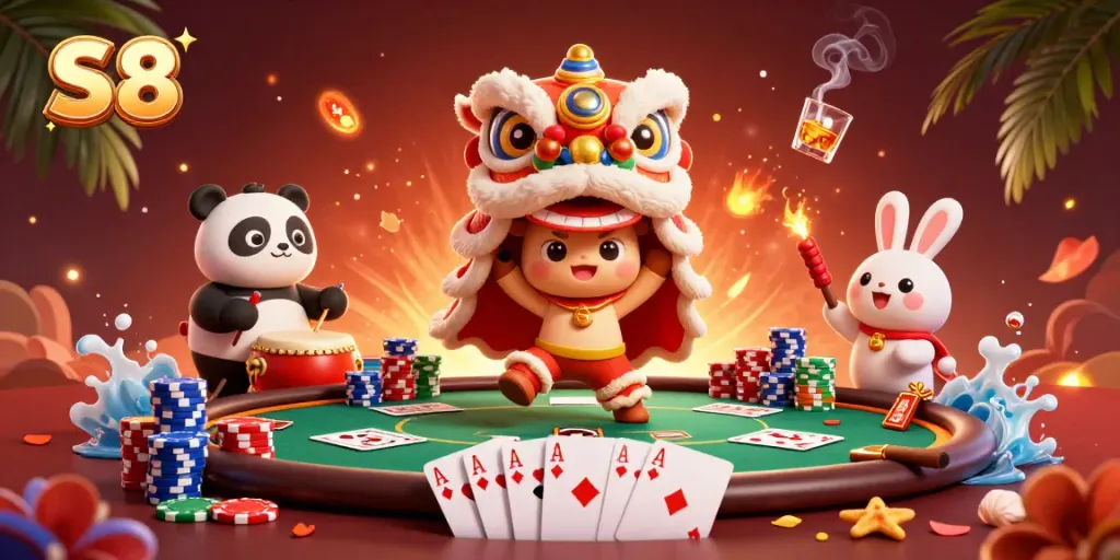 Engage in exciting action with S8’s vibrant lion dance within a casino-themed illustration.