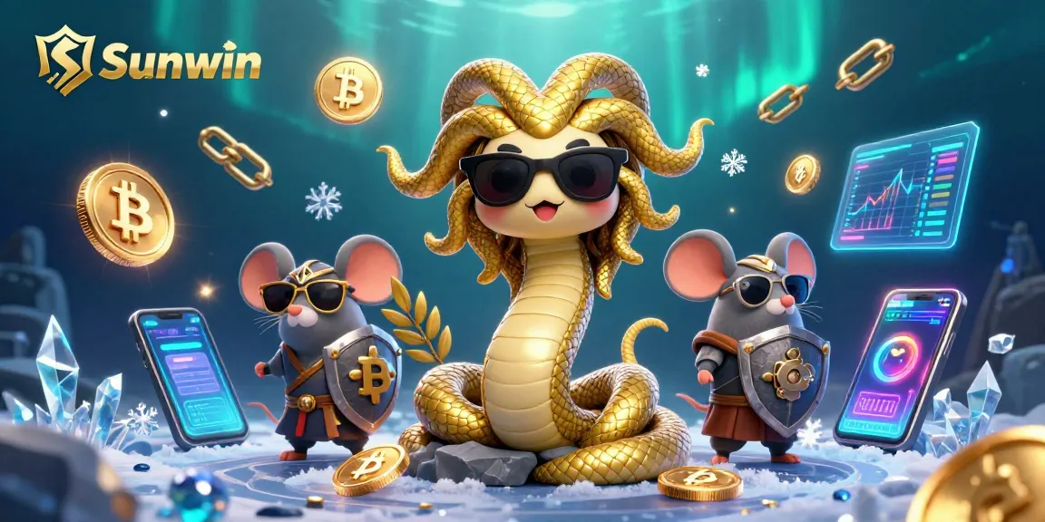 Win big with Sunwin in a vibrant 3D illustration featuring gaming elements and characters.