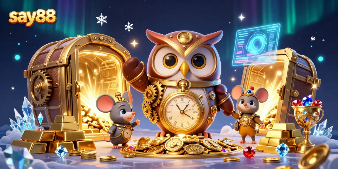 Experience the excitement of say88, featuring a time-traveler owl amidst thrilling casino elements and treasures.