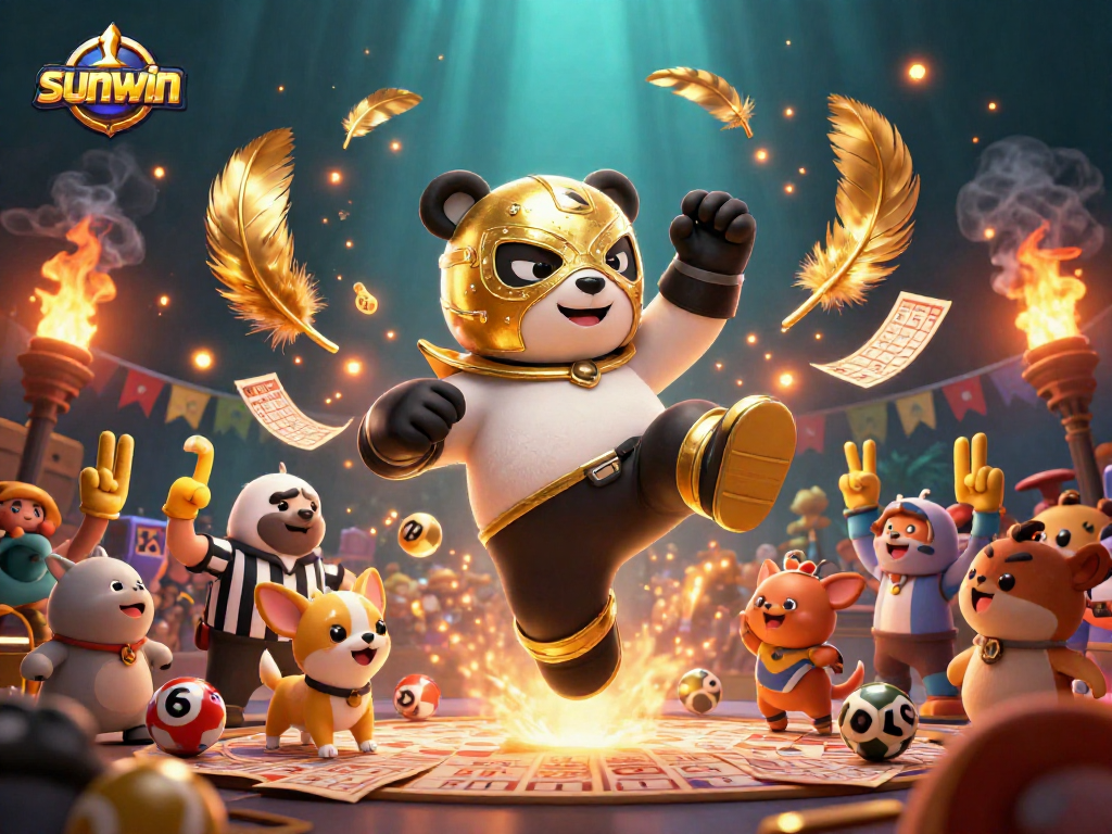 Experience the excitement of sunwin with our vibrant 3D illustration of a panda wrestler and animal spectators at a bingo lottery event.