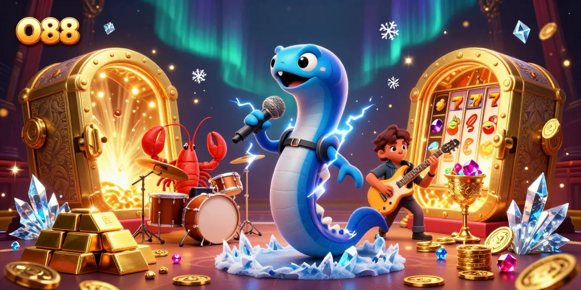 O88 casino scene featuring a lively electric eel DJ with backup band, slot machines, and treasure