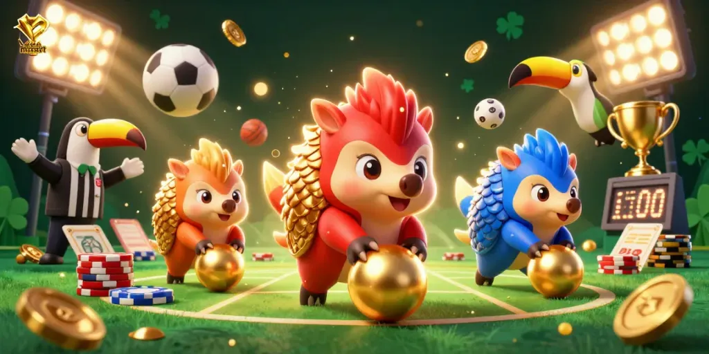 Exciting map-escort scene with pangolins bowling through poker chips, showcasing sports betting action.