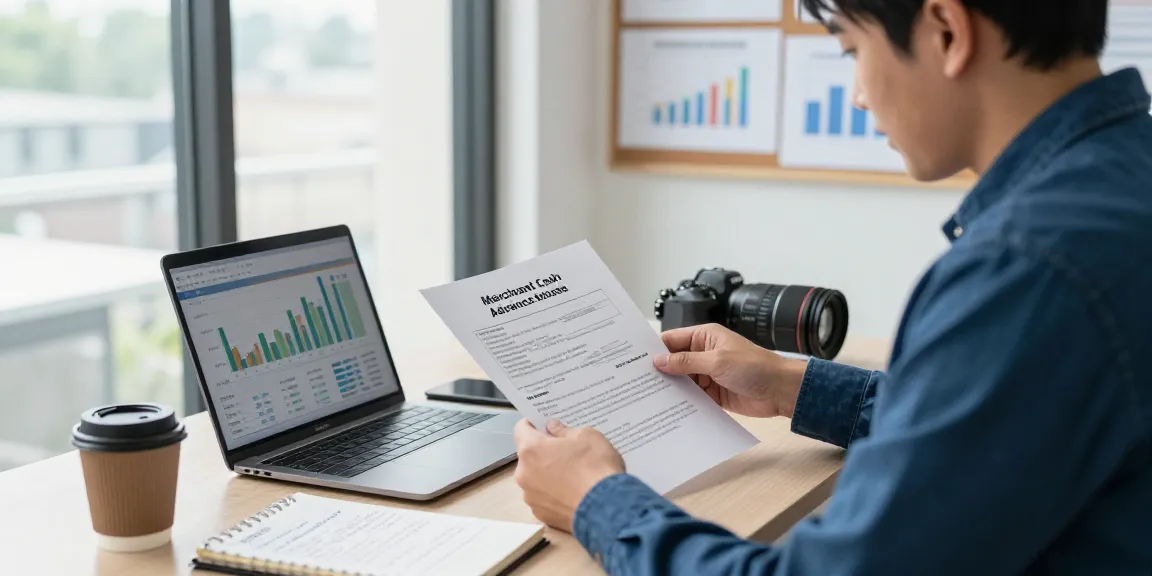 Analyzing merchant cash advance pros and cons in a bright office setting with financial documents on a desk.