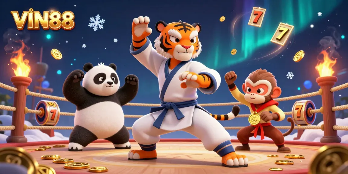 Engage in a thrilling adventure with VIN88's kung fu tiger, panda disciple, and monkey student in a dynamic casino scene.