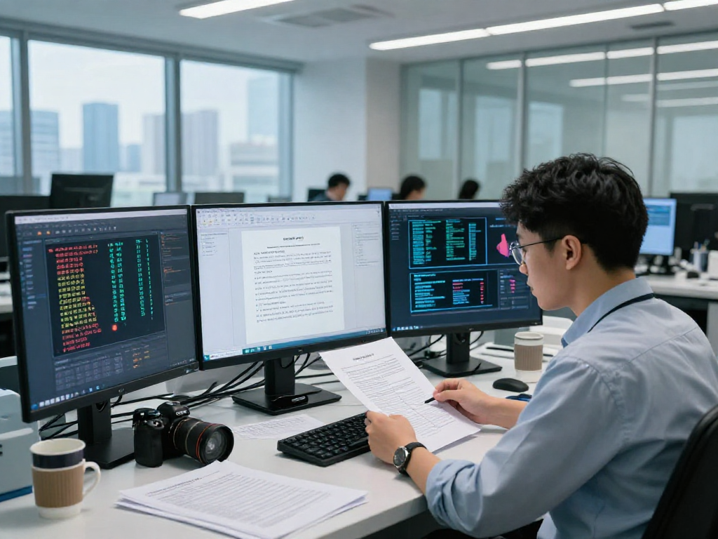 Analyst conducting document fraud detection with advanced software in a high-tech lab