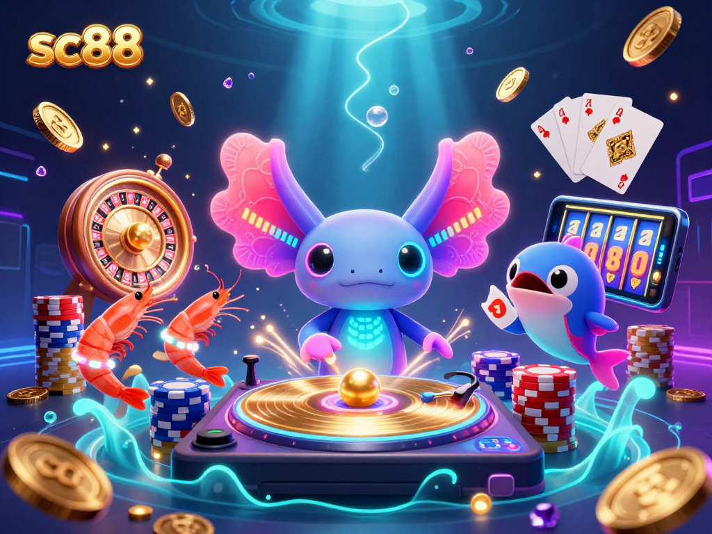 Engage in the vibrant sc88 casino world with energetic axolotl DJ and animated shrimp in a lively underwater setting.