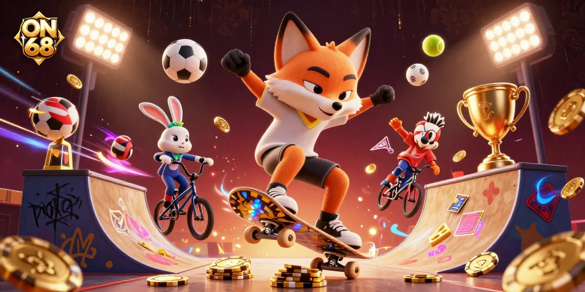 Experience the excitement of sports betting at ON 68 with vibrant gaming elements and animated characters showing off their skills.