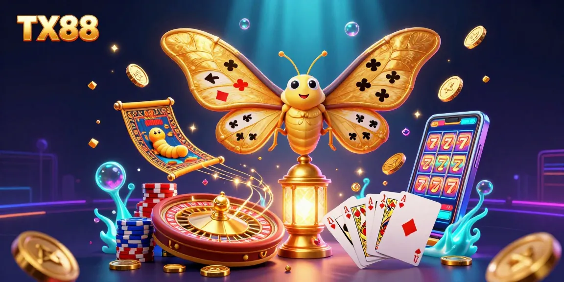 Spin to win with TX88: a vibrant 3D casino scene featuring colorful poker chips and a golden roulette wheel.