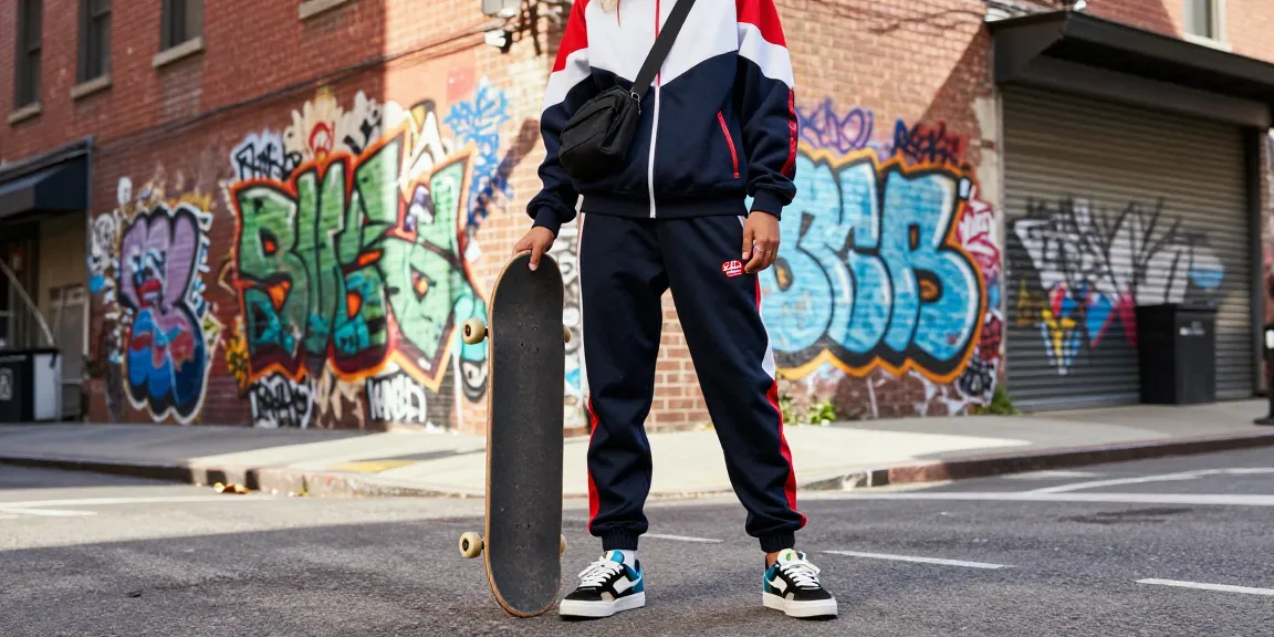 Trapstar Tuta in un look urbano con grafica vivace e accessori trendy.