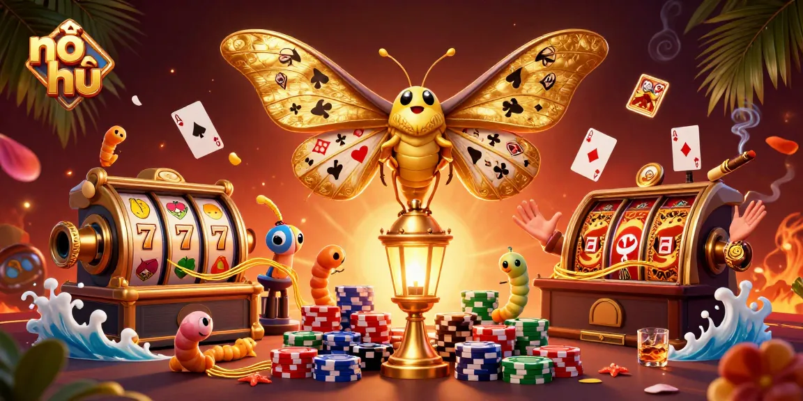 Experience thrilling nổ hũ action in this vibrant 3D casino illustration featuring a majestically perched moth amidst slot reels and poker elements.