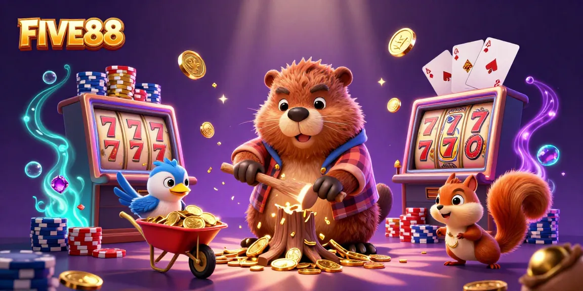 Experience FIVE88's thrilling slots with a cartoon beaver, coins, and vibrant casino elements.