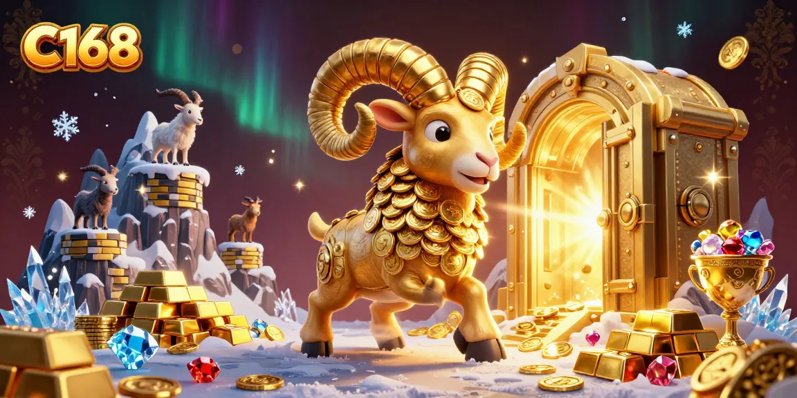 Engage with thrilling casino action at C168, featuring epic golden ram and jewels amidst a grand treasure vault.