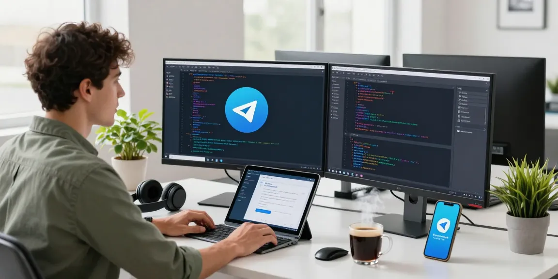 Download Telegram on a modern desk setup with dual monitors, vibrant workspace.
