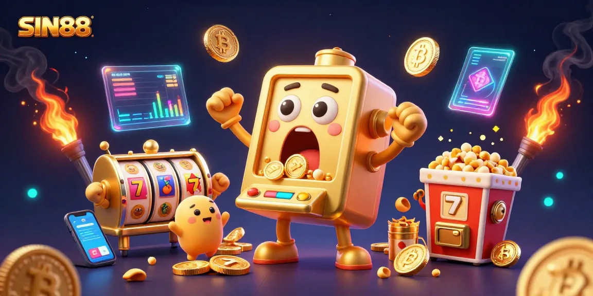 SIN88 celebrating a jackpot with a golden slot machine and cheering baby slots amidst digital crypto elements.