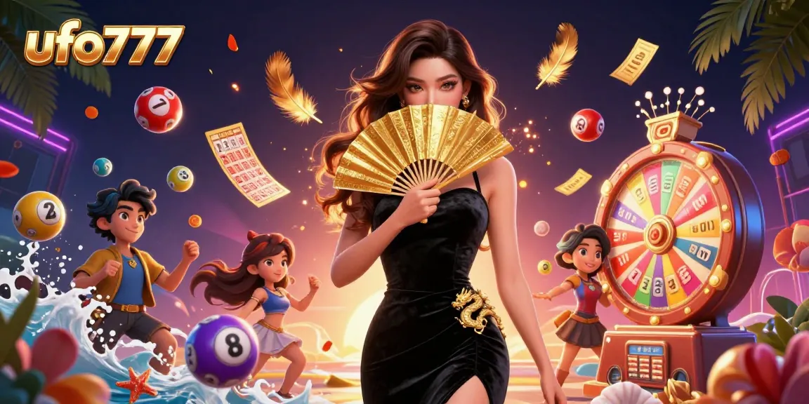 Spin to win with ufo777 in this vibrant casino scene packed with colorful lottery elements.