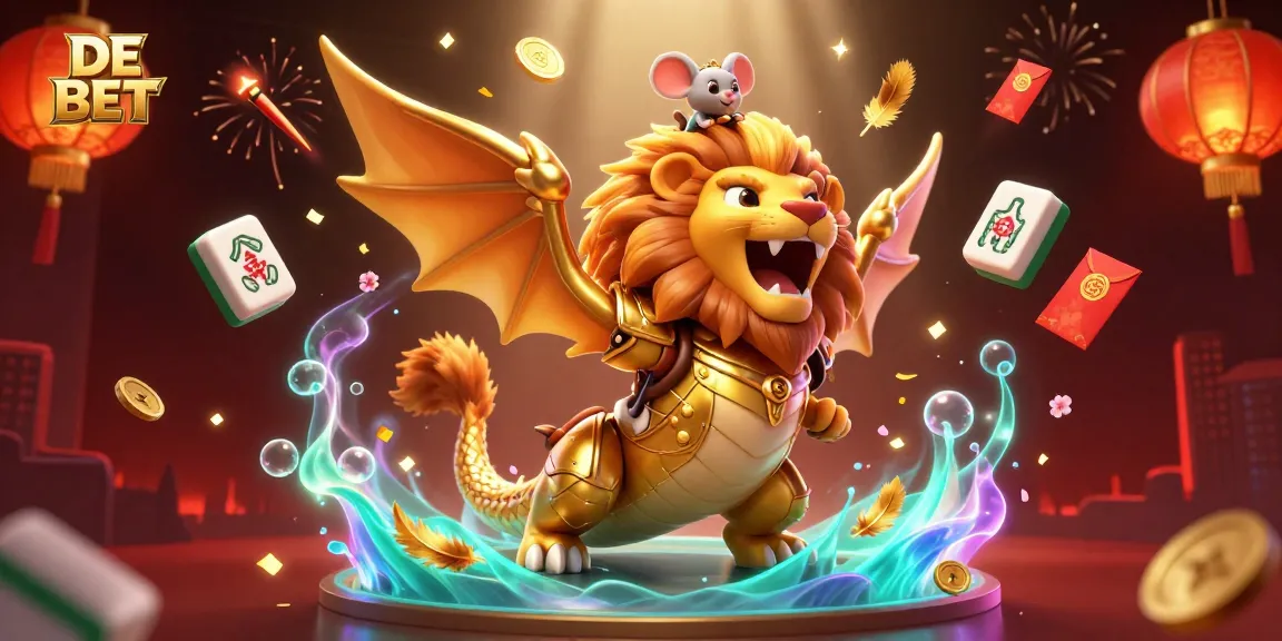 Experience DE BET's thrilling gaming world with a valorous chimera and mouse navigating treasures.