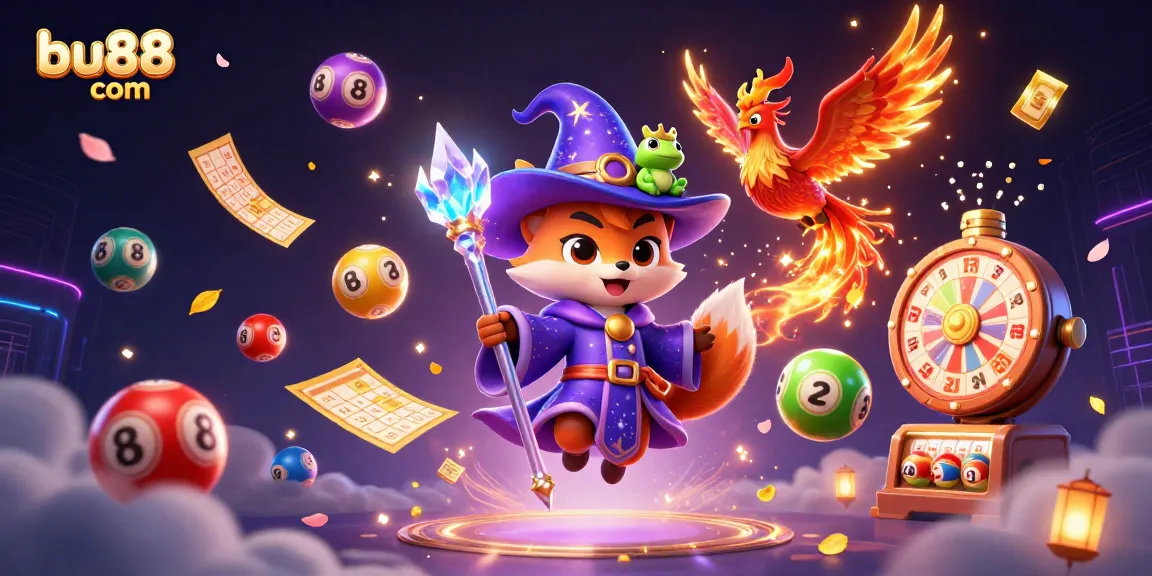 Experience the excitement of bu88 com with a vibrant 3D illustration featuring lottery balls and enchanting characters.