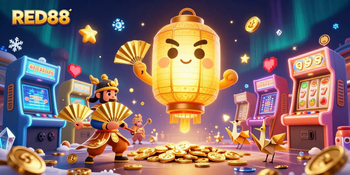 Experience the thrill of gaming at RED88 with vibrant casino elements and dynamic characters.