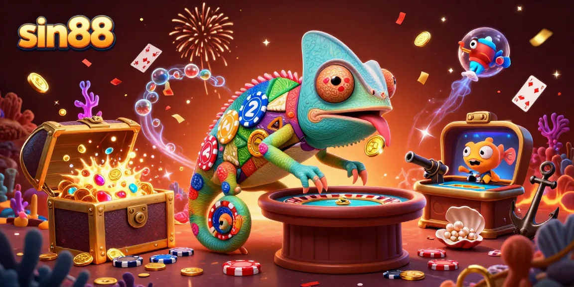 Experience thrilling gameplay at sin88 with a vibrant chameleon casino owner amidst exploding treasure chests and confetti.