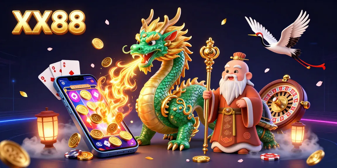Experience the excitement of XX88 with a vibrant 3D illustration of a dragon, turtle sage, and lucky cranes amidst casino elements.