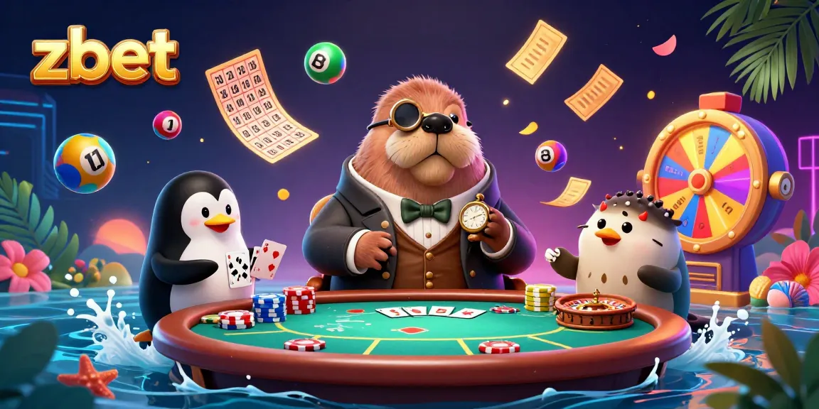 Zbet showcases a jolly walrus playing poker surrounded by vibrant casino elements, embodying online gambling fun.