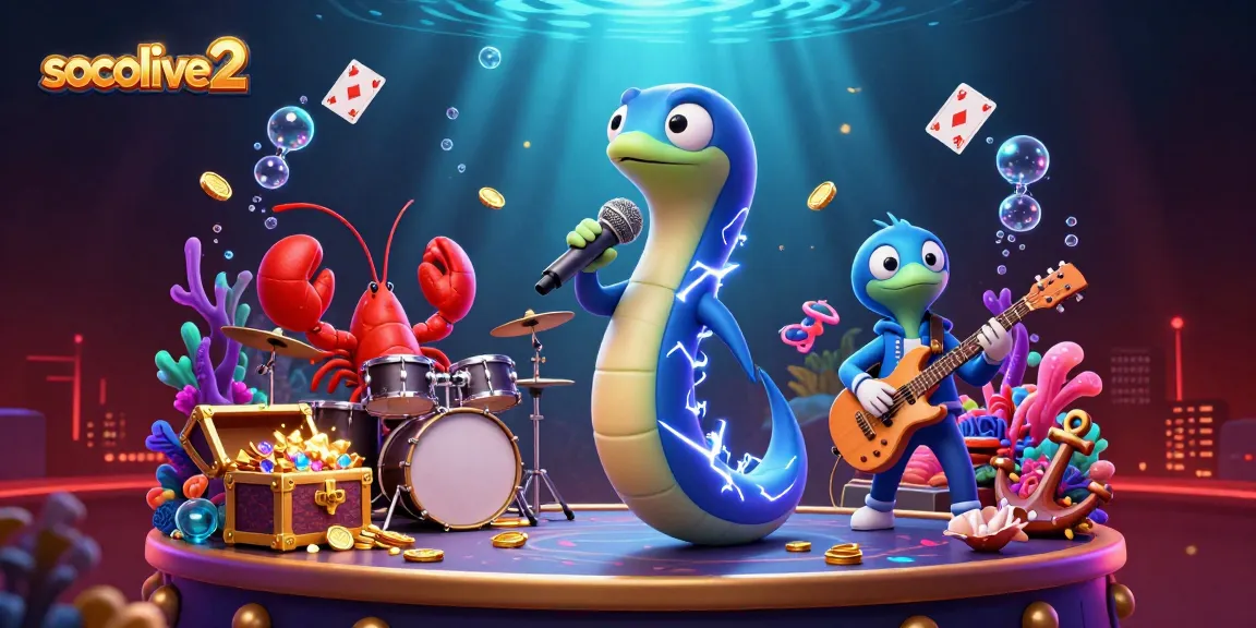 Socolive2 presents a vibrant underwater casino scene featuring a DJ electric eel and animated characters celebrating with treasure and playing cards.