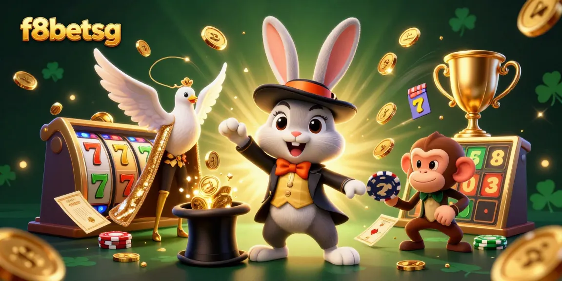 Engage with f8betsg’s vibrant 3D casino scene showcasing a magician rabbit, dove, and monkey amidst dynamic slot elements.